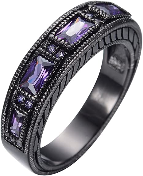 JunXin 6MM Unisex-Adult European Wedding Band Ring Black Gold Plated Purple Stone Sz5-12
