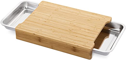 Navaris Cutting Board with Trays - Bamboo Chopping Board with 2 Stainless Steel Pull Out Sliding Drawer Pan Tray Containers - 16.1" x 11.6" x 2.5"