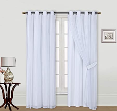 ECM. Catarina Layered Solid Blackout and Sheer Window Curtain Panel Pair with Grommet Top 2 Layered (White, 2PC 52" x 84")