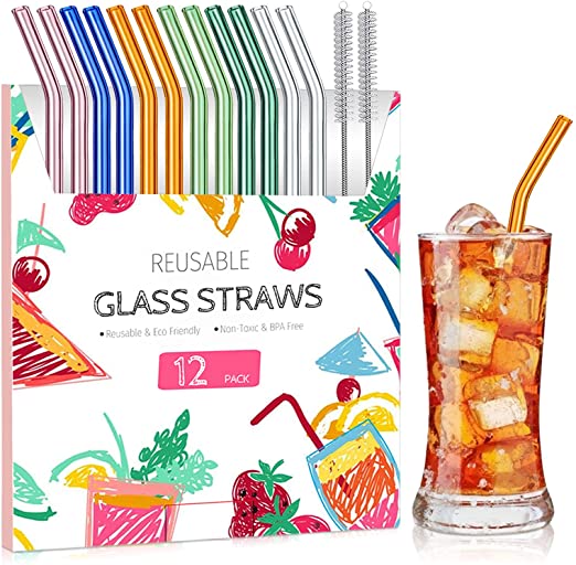 Reusable Glass Bent Straws, 12-Pieces Drinking Straws with 2 Cleaning Brushes, Dishwasher Safe for Shatter Resistant, Eco Friendly Reusable Straws - Multicolor