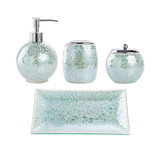 Whole Housewares Bathroom Accessories Set, 4-Piece Glass Mosaic Bath Accessory Completes with Lotion Dispenser/Soap Pump, Cotton Jar, Vanity Tray, Toothbrush Holder (Turquoise)