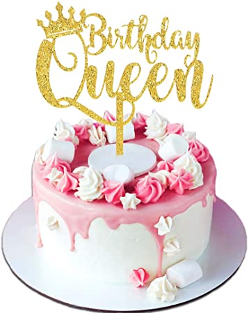 Palksky Queen Birthday Cake Topper Acrylic Durable Gold Glitter Queen Cake Decorations for Girl Women 16th 18th 21st 30th 40th 50th 60th 70th 80th 90th 100th Birthday Party Decoration