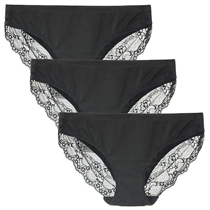 LIQQY Women's 3 Pack Comfortable No Ride up Lace Trim Bikini Panty Underwear