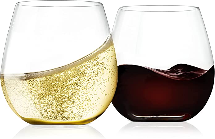 15oz Stemless Wine Glasses - Set of 2 Ultra Thin Elegant Red & White Wine Clear Crystal Glass Drinkware, Lead-Free, Hand Blown Seamless Bowl, Dishwasher Safe,