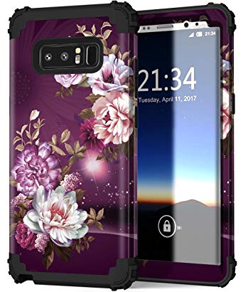 Samsung Galaxy Note 8 Case, Hocase Heavy Duty Shockproof Hard Plastic Silicone Rubber Bumper Dual Layer Protective Case for Samsung Galaxy Note 8 - Royal Purple/White Flowers