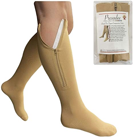 Presadee Original Closed Toe 20-30 mmHg Firm Compression Leg Calf Zipper Socks (Beige, L/XL)