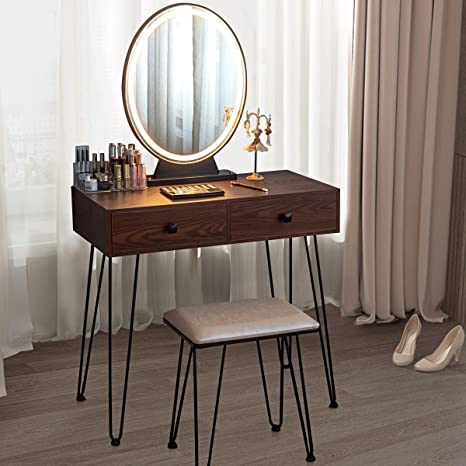 COSTWAY Dressing Table Set, Industrial Cosmetics Dresser with Detachable LED Mirror and Makeup Box, Home Furniture Bedroom Makeup Vanity Table Stool Set (Coffee)