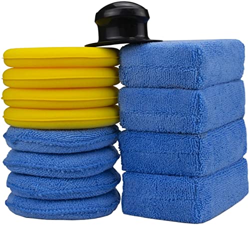 Fasmov 13 Pcs Car Wax Applicator Pads Kit Microfiber Applicator Pads Blue Rectangle Microfiber Sponge Applicators Yellow Foam Waxing Pad with Grip Handle