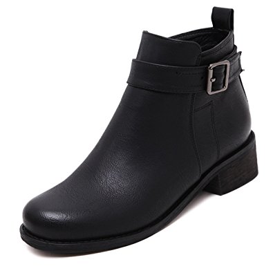 Meeshine Women's Leather Buckle Straps Stacked Low Chunky Heel Ankle Booties Boots
