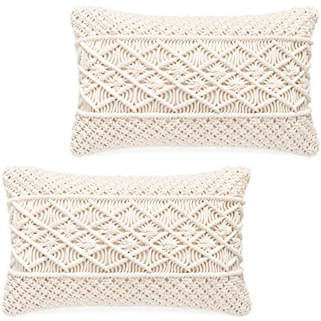 Mkono Throw Pillow Cover Macrame Cushion Case (Pillow Inserts Not Included) Set of 2 Decorative Pillowcase for Bed Sofa Couch Bench Car Boho Home Decor,12" W x 20" L