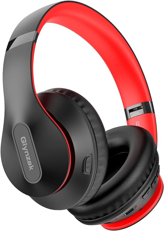 Glynzak Wireless Bluetooth Headphones Over Ear - 65H Playtime HiFi Stereo Headset with Microphone and 6EQ Modes Foldable Bluetooth V5.3 Headphones for Travel Smartphone Computer Laptop (Black Red)