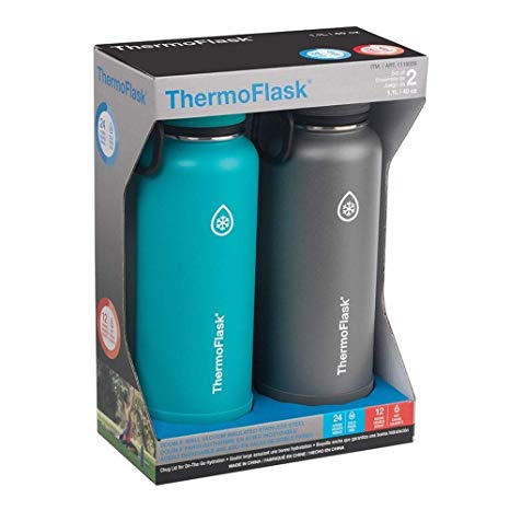 ThermoFlask Stainless Steel 40-Ounce Water Bottle (Light Blue/Black), 2-Piece