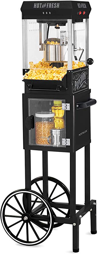 Nostalgia KPM220CTBK 2.5 oz Professional Popcorn & Concession Cart with 5 quart Bowl, 45" Tall, Makes 10 Cups, with Kernel & Oil Measuring Spoons & Scoop, 11" Wheels for Easy Mobility, Black