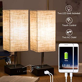 ZEEFO Touch Bedside Lamps Built-in Dual USB Charging Ports, 2 AC Outlets, Two Edison Dimmble LED Bulbs Include, Minimalist Design Touch Dimmable USB Desk Lamps Perfect for Bedroom,Office (Set of 2)