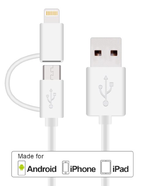 Lightning Cable-[Apple MFi Certified] HoneyAKE 2 in 1 Micro Lightning to USB Sync Cable Charging Cord for iPhone 6/6s Plus, Samsung, Android 3ft-White