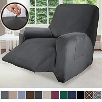 Gorilla Grip Original Fitted Velvet 1 Piece Small Recliner Protector for Seat Width to 28 Inch, Stretchy Furniture Slipcover, Fastener Straps, Spandex Reclining Chair Cover Throw for Pets, Dark Gray