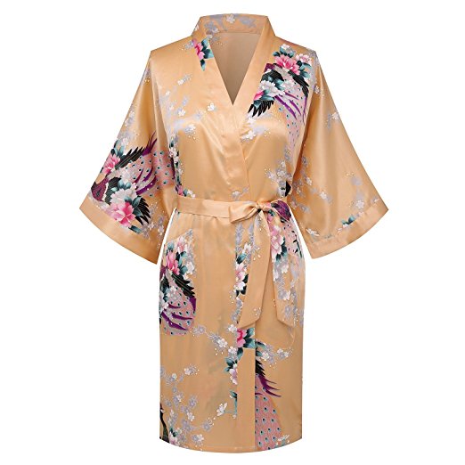 Kissria Women's Kimono Robes Peacock and Blossoms Short Style Silk Nightwear