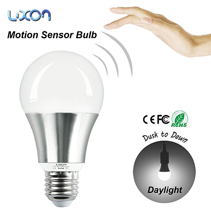 Motion Sensor Light Bulbs Security LED Lights 7W Dusk to Dawn Photocell E27 Screw for Garage, Porch, Hallway, Passageway Daylight White