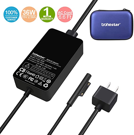 Trohestar Surface Pro 4 Charger 36W 12V 2.58A Power Adapter Laptop Charger Compatible with Microsoft Surface Pro 3 Pro 4 Pro 5 Pro 2017 Pro 6 Surface Laptop Surface Book Include Travel Case (Blue)