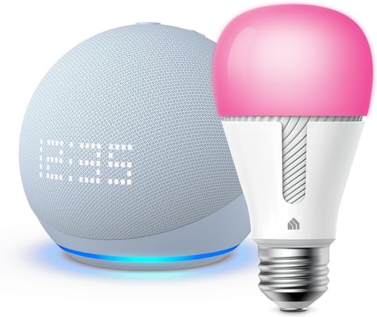 Echo Dot (5th Gen, 2022 release) with Clock in Cloud Blue bundle with TP-Link Kasa Smart Color Bulb