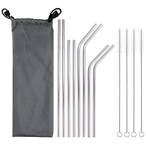 TRUSBER 304 Stainless Steel Straws, Reusable Metal Drinking Straws, 2 Straight (10.5 in)   2 Bend (10 in)   2 Straight (8.5 in)   2 Bend (8 in)   4 Cleaning Brushes for 20 & 30 oz Tumblers, Set of 8