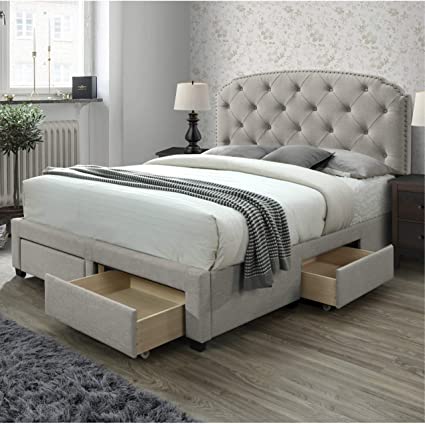 DG Casa Argo Tufted Upholstered Panel Storage Bed, King in Beige Fabric