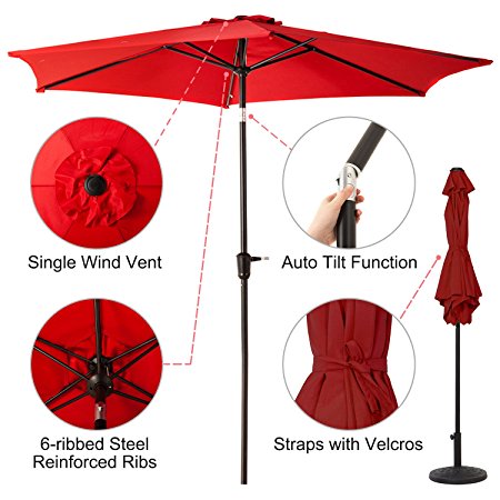 9 FT Patio Umbrella, Outdoor Market Umbrella with Push Button Tilt and Crank, 6 Ribs, Red