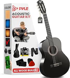 Pyle Beginner Acoustic Guitar Kit, 3/4 Junior Size Instrument for Kids, Adults, 36" Black gloss