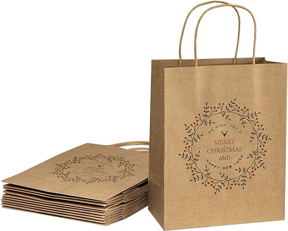 WRAPAHOLIC Medium Christmas Kraft Paper Gift Bags - Christmas Garland Design for Holiday, Party Gift Wrap (Pack of 12)