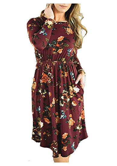 Women's Long Sleeve Floral Pockets Casual Swing Pleated T-shirt Dress
