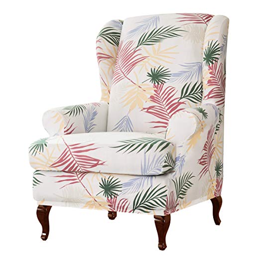 Subrtex Wing Chair Slipcovers Stretchy Wingback Armchair Covers Detachable Spandex Sofa Covers Leaves Printed Furniture Protector （White）