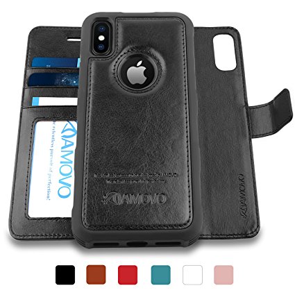 AMOVO iPhone X Case [2 in 1], iPhone X Wallet Case [Detachable Folio] iPhone X Leather Case [Premium Vegan Leather] Flip Case Cover for iPhone X with Gift Box Package (Black)