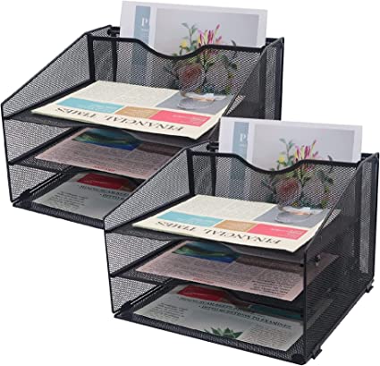Delifox 2 Pack Mesh Desktop Organizer Letter Tray Holder File Storage with 3 Paper Trays and 1 Vertical Upright Section, Black