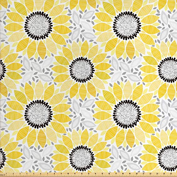 Ambesonne Yellow Fabric by The Yard, Colorful Illustration of Sun Flower with Motifs and Patterns Summer Nature Artprint, Decorative Fabric for Upholstery and Home Accents, 3 Yards, Yellow Grey