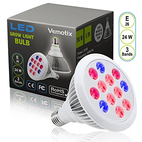 24W LED Grow Light Bulb by Vemotix- Plant Light Bulb E26 - Bulbs for Indoor Garden Greenhouse and Hydroponic Plants (package may vary)
