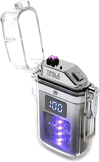 Tesla Coil Lighters USB Rechargeable Windproof Dual-Arc Electric Lighter (Waterproof Case with Click Count Display, Black)