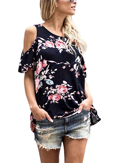 Asvivid Women's Floral Print Cut Out Shoulder Short Sleeve T Shirt Blouse(9 Color,S-XXL)