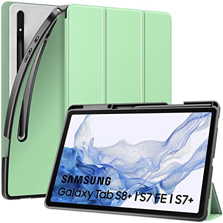 MoKo Case Fits Samsung Galaxy Tab S8   2022 / Tab S7 FE 5G 2021/ Tab S7   (12.4 Inch) with S-Pen Holder, Shockproof Full Body Trifold Stand TPU Back Cover Case with Pen Slot/Auto-Wake, Green