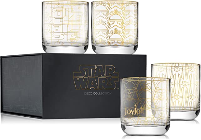 JoyJolt Star Wars Glassware. 'Deco' Lowball Glasses Set of 4, 10oz Star Wars Glasses. Short Glass Tumbler with Darth Vader in a Retro Crystal Glass Cup. Double Old Fashioned Rocks Glass or Water Glass