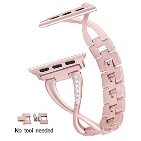 Moonooda Stylish Feminine/Women Band Compatible with Apple Watch, 42MM (44MM) Metal Stainless Steel Hand Removable Link Strap Bracelet Applicable for Apple Watch Series 4, Series 3/2/1 (Rose Gold)