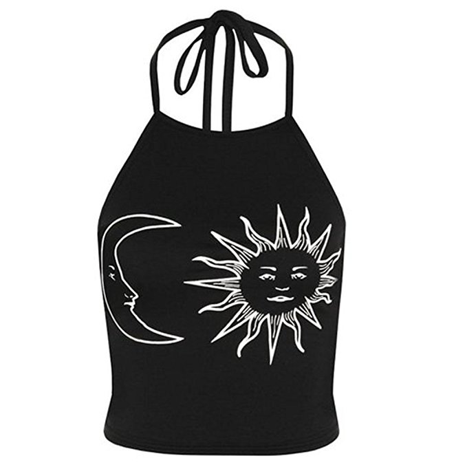 Hatop Sexy Women's Sleeveless Sun Moon Print Halter Neck Tied Crop Vest Top T-Shirt