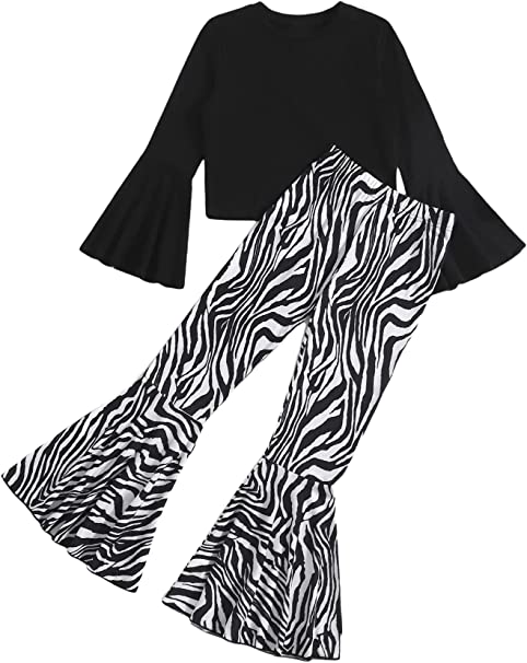 Milumia Girl's Two Piece Outfits Ruffle Long Sleeve Tee and Zebra Striped Flare Pants Set