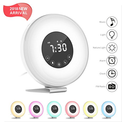 Hassh Sunrise Alarm Clock - Digital LED Clock with Multiple Nature Sounds,7 Changing Colors and FM Radio for Bedrooms - Sunset Simulation & Touch Control - With Snooze Function for Heavy Sleepers
