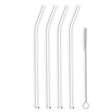 Hummingbird Glass Straws Clear Bent 9 in x 95 mm Premium Handmade in USA 4 Pack With Cleaning Brush