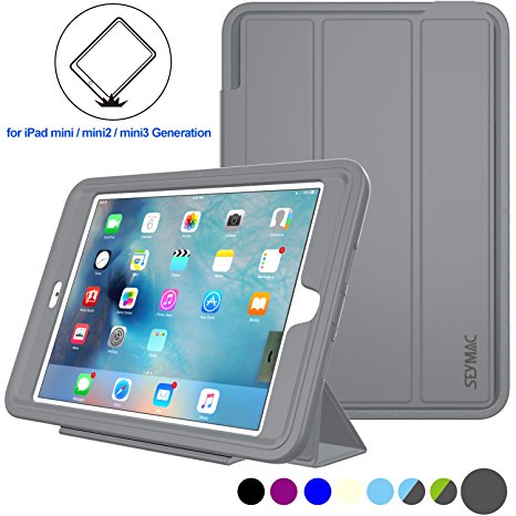 iPad Mini 2nd Generation Case,iPad Mini 1/ 2/ 3 Three Layer Heavy Anti-shock Proof Protective Case, Smart Cover Auto Sleep Wake With Leather Stand Feature For iPad MINI 1/ 2/ 3 Generation (Gray/Gray)