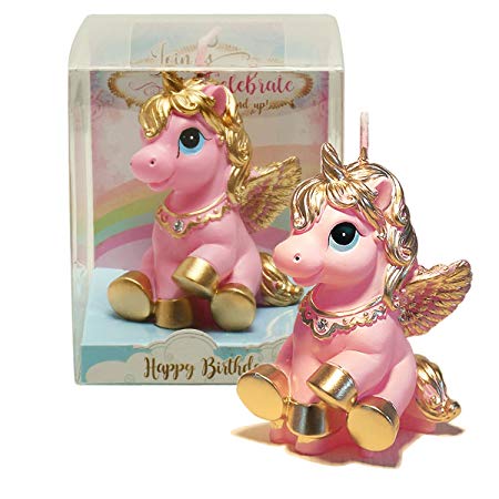 TBJSM Super Cute Gold Fly Unicorn Cake Cupcake Topper Birthday Gifts Wish Candle Wedding Party Decorations (Pink)