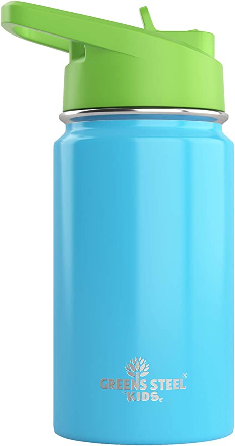 Kids Water Bottle - 12oz Blue | Leak Proof With Straw & Handle | 24 Hours Cold | Insulated, Double Wall Stainless Steel | Easy Sip Toddler Cup | Child's Flask | Eco Friendly