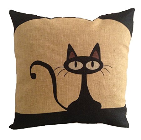heartybay 18 X 18 Inch Cotton Linen Decorative Throw Pillow Cover Cushion Case, Cartoon Black Cat (E)