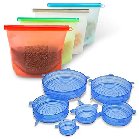 Lodge Silicone Food Storage Bag - Reusable - Set of 4  Bonus - Silicone Stretch Lids 6 Pack - Various Sizes - Microwave and Dishwasher Safe