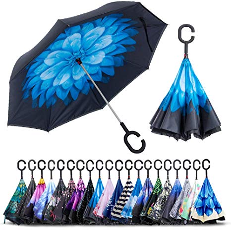 ZOMAKE Double Layer Inverted Umbrellas for Women, Reverse Folding Umbrella Windproof UV Protection Big Straight Umbrella for Car Rain Outdoor with C-Shaped Handle